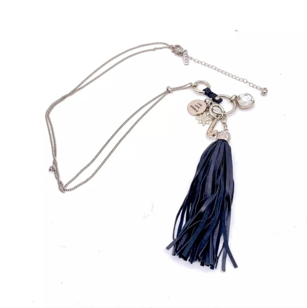 White House Black Market Tassel Charm Crystal Long Necklace